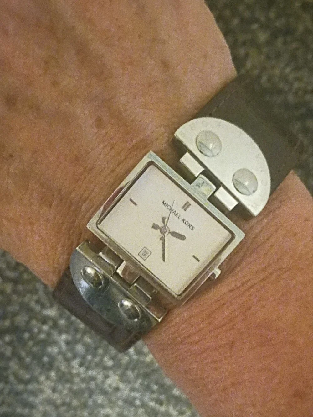 Michael Kors Silver Rectangular Dial Watch with Brown Leather Strap